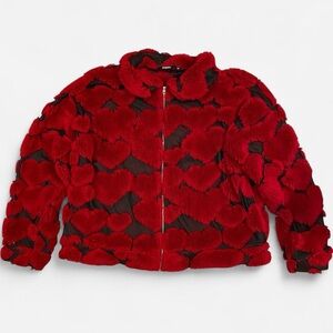 Jaded London Oversized Red Fuzzy Heart Pattern Mesh Jacket Size Medium / Large